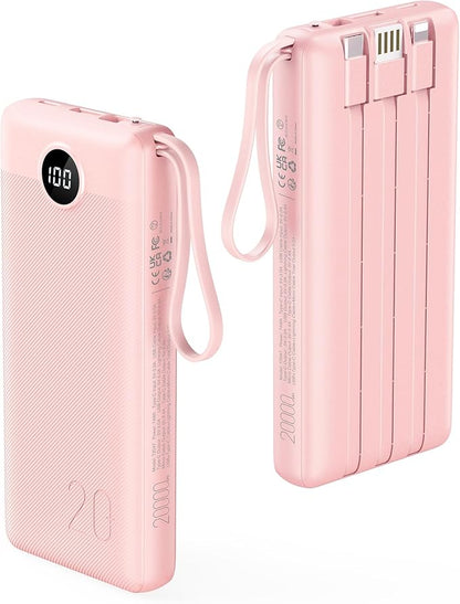 VRURC Portable Charger, 20000mAh Power Bank Fast Charging, Built-in Micro & USB C Three Cables, 4 Output 2 Input LED Display Charging Bank for iPhone, Samsung, Android etc-Pink (1 Pack)