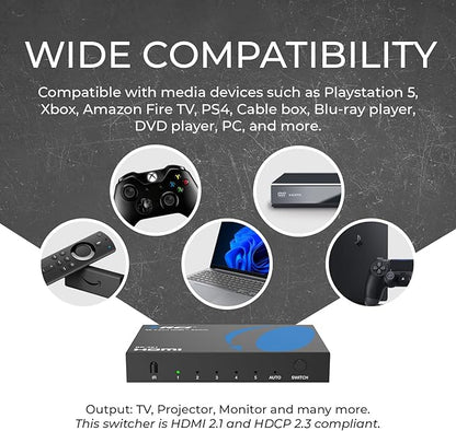 OREI 8K HDMI Switch 5 in 1 Out – HDMI Switch with Remote 8K@60Hz 4:2:0/4K@120Hz 4:4:4-48Gbps Switcher with HDR10+, VRR, ALLM & QFT, CEC - for PS5, Xbox, Roku, Fire TV