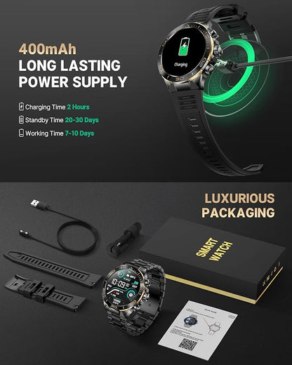 Smart Watch for Men Answer/Make Call for Android iPhone, 1.43" AMOLED HD Screen Mens Luxury Watch, 400mAh Heavy Duty Smartwatch Heart Rate Blood Oxygen Blood Pressure Sleep Monitor Pedometer, 2 Straps