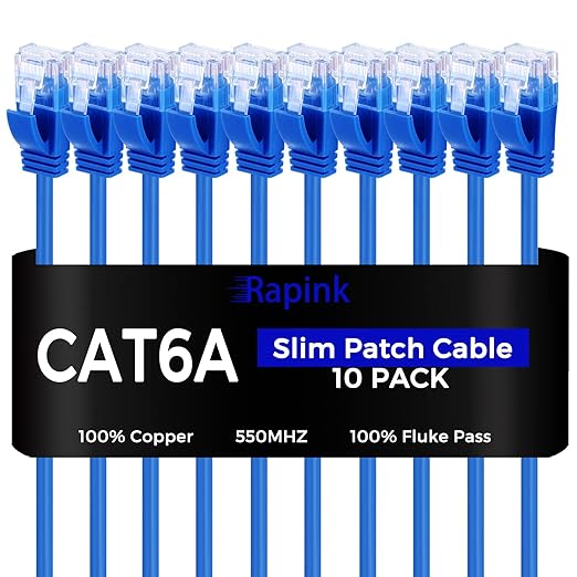 Rapink Cat6a 2ft Ethernet Patch Cables (10 Pack), Slim, Flexible, 10G Support, Gold Plated, Cat6a Ethernet Cable for Patch Panel to Switch, Space Saving, High Density Environments