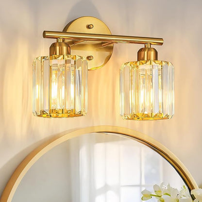 FDPBY Modern 2 Light Crystal Vanity Light, Brushed Gold Vertical Bathroom Light Fixture Over Mirror for Dressing Table Sink, Compatible with Dimmable Bulbs (Bulbs Not Included)