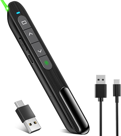 Presentation Clicker for Powerpoint with Green Light Pointer, 2-in-1 USB Type C Rechargeable Wireless Clicker with Hyperlink Volume Control, Pointer for Presentations Support Mac Windows