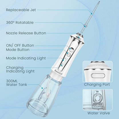 SweetLF Water Dental Flosser Pick for Teeth, 5 Modes Cordless Portable Oral Irrigator, 300ML Tank Water Teeth Cleaner with 5 Jet Tips, IPX7 Waterproof Rechargeable Flossing Picks for Home Travel