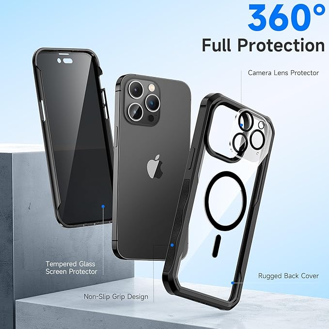 seacosmo for iPhone 14 Pro Case, Full Body Bumper with Built-in 9H Tempered Glass Privacy Screen Protector and Camera Lens Protector, Compatible with MagSafe, Shockproof Phone Cover, 6.1", Black