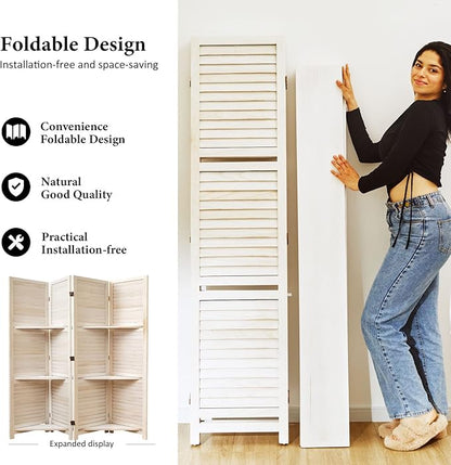 Partition Room Dividers, Folding Wood Privacy Screen with Three Display Shelves Suitable for Home Office, Study, Art Display - 4 Panel, 67 * 51inch (White)