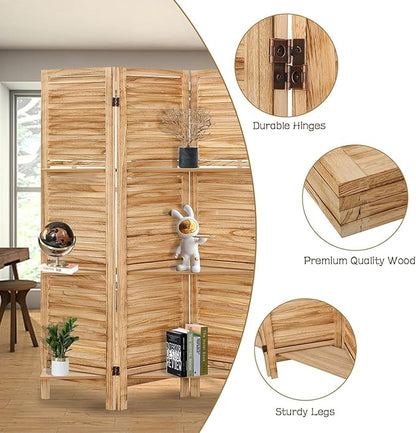 4 Panel Room Divider with Shelves, Room Dividers and Folding Privacy Screens, Folding Room Dividers 4 Panel, Wood Room Divider with 3 Display Shelves for Home Office (Natural)