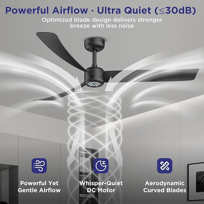 ocioc 52 Inch Ceiling Fans with Lights and Remote,Modern Ceiling Fan with Quiet Reversible DC Motor,6 Speeds,Timer,Dimmable, Black Ceiling Fan for Bedroom,Patios