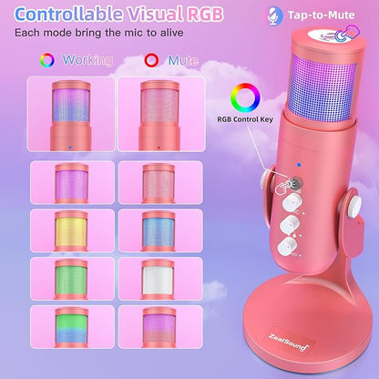 ZealSound USB Gaming Microphone for iPhone PC Type C Phone,Noise Cancellation,K66 RGB Condenser Mic with Controllable Led Lights,Echo,Touch Mute,Monitor,Gain for Podcast,Gaming,Podcasting,ASMR (Pink)