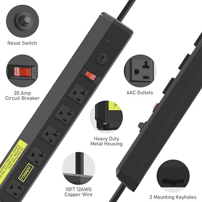 JUNNUJ 20 Amp Power Strip Heavy Duty 2 Pack,Heavy Duty 20 Amp Surge Protector 4800J, Garage Metal 6 Outlets 12 Gauge Extension Cord 10ft