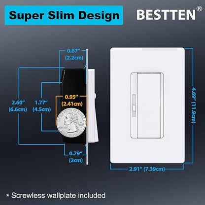 BESTTEN 6 Pack Super Slim Dimmer Light Switch, Quiet Rocker, Single Pole or 3 Way Dimmable Switch, Max 300W LED, CFL, 600W Incandescent, Screwless Wall Plate Included, ETL Listed, White