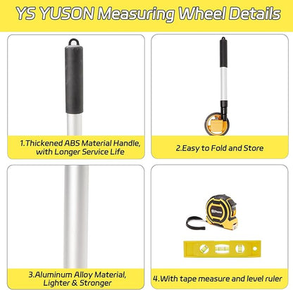 YS YUSON Rolling Measuring Wheel in Feet, Digital Measuring Wheel for Construction, Walking Measuring Wheel, Measure Wheel with Tape Measure and Level Ruler, One Key to Reset, 4 Inch, Up to 9999Ft