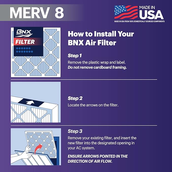 BNX TruFilter 16x20x1 Air Filter MERV 8 (4 Pack) - MADE IN USA – Dust & Pet Defense Electrostatic Pleated Air Conditioner HVAC AC Furnace Filters for Dust, Pet, Mold, Pollen MPR 600 – 700 & FPR 5