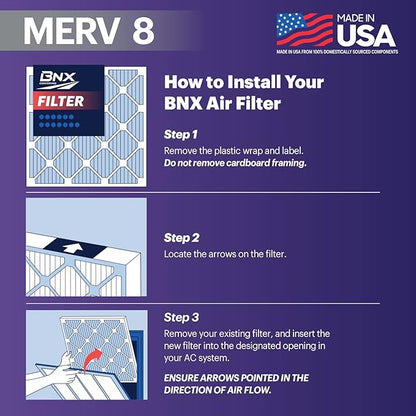 BNX TruFilter 20x25x1 Air Filter MERV 8 (12-Pack) - MADE IN USA – Dust & Pet Defense Electrostatic Pleated Air Conditioner HVAC AC Furnace Filters for Dust, Pet, Mold, Pollen MPR 600 – 700 & FPR 5