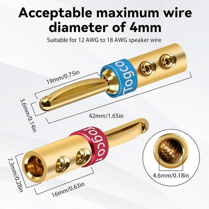 4mm Speaker Banana Plugs (6 Pairs, 12 Pcs),24K Gold Plated Banana Speaker Wire Banana Plugs Connectors for Speaker Wire, Wall Plate, Home Theater, Audio/Video Receiver, Amplifiers and Sound Systems