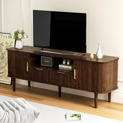 DAMCROP 62.4 Inch Fluted TV Stand, Modern Media Console Table with Sliding Tambour Door Farmhouse Sideboard Buffet Cabinet Fits TVs up to 75 inch, Wood Entertainment Center for Living Room(Dark Wood)