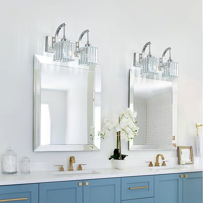 FDPBY Crystal Vanity Lights 2-Light Chrome Wall Lamp Modern Crystal Bathroom Light Fixtures Over Mirror 13.77" Long Bathroom Wall Sconce