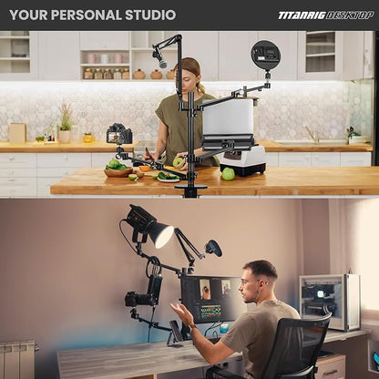 TARION Overhead Camera Desk Mount: 4-in-1 Heavy Duty Mount Set with 1 Mic Boom Stand + 3 Articulating Arms for DSLR Cameras Ring Light Monitor Laptop - Live Stream Stand TitanRig Desk