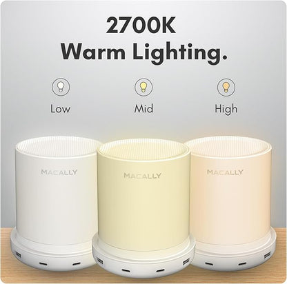 Macally Small Bedside Lamp with USB Ports (USB C + A) - Fast Charging Bedside Light and 3 Way Dimmable Touch Lamp for Nightstands - Great as a Night Light and Charger for Bedrooms