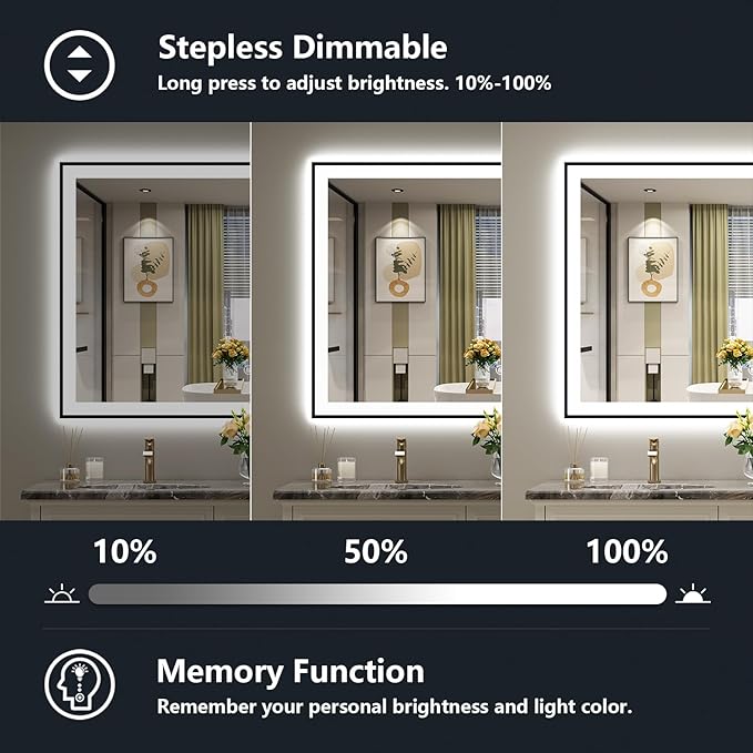 YEELAIT 44x36 Inch LED Bathroom Mirror with Lights (Front Lit and Backlit) Black Framed Lighted Vanity Mirror for Bathroom Wall Dimmable Anti-Fog Memory Tempered Glass Horizontal/Vertical