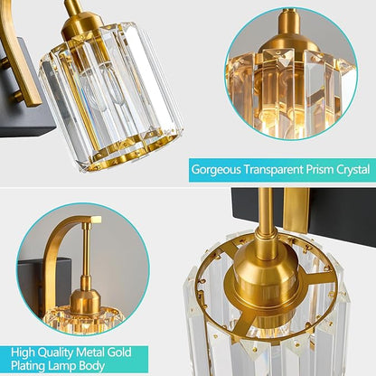 FDPBY 5-Light Crystal Vanity Light, Modern Black Gold Bathroom Wall Sconce with K9 Crystal Shades, 42.51" Long Over Mirror Lighting for Vanity, Makeup, Hallway, Elegant & Easy Installation
