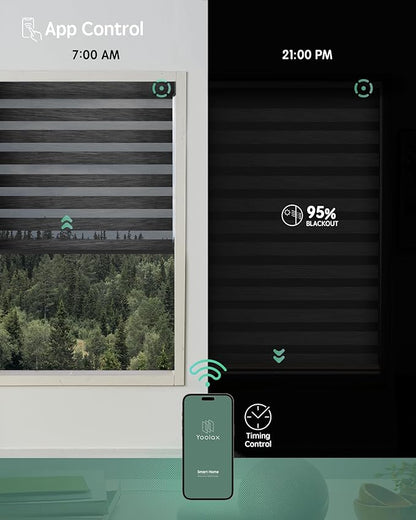 Yoolax Motorized Zebra Blinds Works with Alexa, Motorized Blinds with Remote Custom Size, Privacy Electric Zebra Shades for Windows (95% Shading Carbon Black)