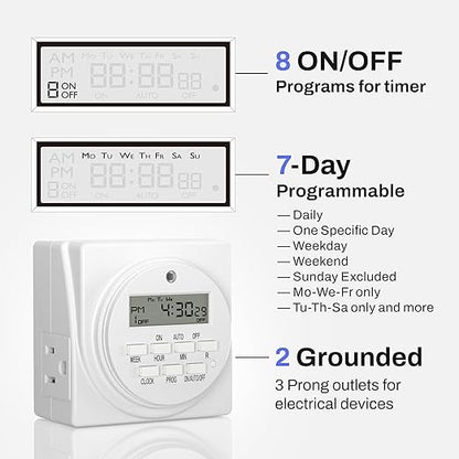 BN-LINK Indoor Digital Timer Outlet, Dual Outlet 7 Day Programmable Light Switch, 3 Prong Plug in Timers for Electrical Outlets, Lamps, Fans, 8 On/Off Programs, 2 Pack, 15A/1875W, ETL Listed