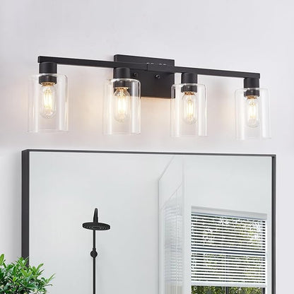 SOPEAS 4 Light Bathroom Vanity Light Fixtures, Black Farmhouse Bathroom Vanity Light with Clear Glass Shade, Bathroom Lighting Fixtures Over Mirror, Vanity Lights for Bathroom Mirror