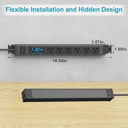 HHSOET Metal 360° Rotating Mountable Power Strip, 8 Outlet Gaming Table Mounted Long Power Strip, Heavy Duty Wall Mount Surge Protector with Switch, 15A 125V 1875W, 15ft Power Cord.(Black)