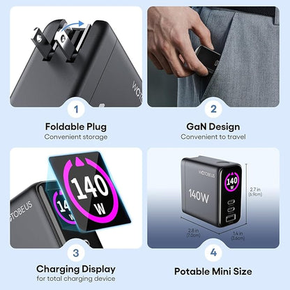 WOTOBEUS GaN Dual 140W USB C PD 3.1 Wall Charger with LED Display - PPS 100W 65W 45W 25W Type-C Laptop Power Adapter and Cable - Fit for MacBook Pro iPhone 17 16 15 iPad Galaxy S25 S24 Pixel - ETL