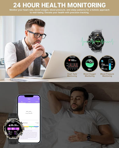 Smart Watch for Men Answer/Make Call for Android iPhone, 1.43" AMOLED HD Screen Mens Luxury Watch, 400mAh Heavy Duty Smartwatch Heart Rate Blood Oxygen Blood Pressure Sleep Monitor Pedometer, 2 Straps