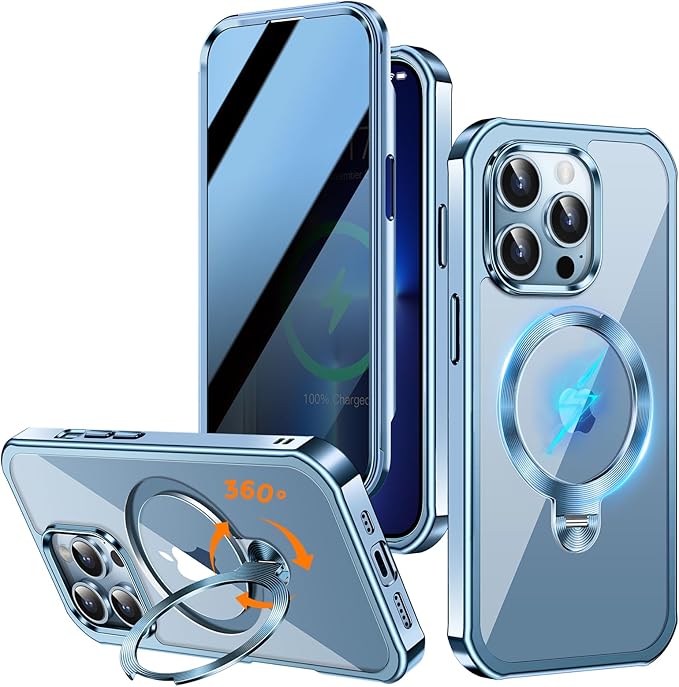 [360° Rotatable CD Stand & Built-in Privacy Screen Magnetic Case for iPhone 13 Pro[Compatible with MagSafe & Full Signal] Mil-Grade Shockproof Full Body Anti-Spy Cover for 13 Pro-Sierra Blue