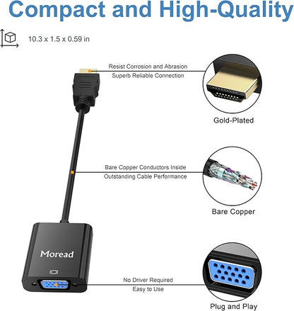 Moread HDMI to VGA, 2 Pack, Uni-Directional Gold-Plated HDMI to VGA Adapter (Male to Female) for Computer, Desktop, Laptop, PC, Monitor, Projector, HDTV, Chromebook, Raspberry Pi, Xbox and More