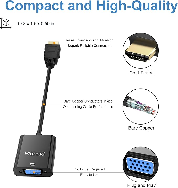 Moread HDMI to VGA, 10 Pack, Uni-Directional Gold-Plated HDMI to VGA Adapter (Male to Female) for Computer, Desktop, Laptop, PC, Monitor, Projector, HDTV, Chromebook, Raspberry Pi, Xbox and More