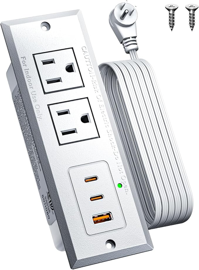 Recessed Power Strip with 20W USB C Port, Fast Charging USB A Port Conference Recessed Outlet, Space-Saver for Furniture Side Table, End Table, Desk Outlet with 6ft Cord, 45° Thin Flat Plug, White