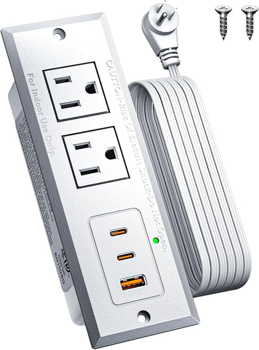 Recessed Power Strip with 20W USB C Port, Fast Charging USB A Port Conference Recessed Outlet, Space-Saver for Furniture Side Table, End Table, Desk Outlet with 6ft Cord, 45° Thin Flat Plug, White