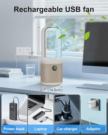 MEIIS Desk Fan, Small Quiet Bladeless Fan with 9 Speed Adjustment & 3 Light Modes, 14 Inch USB Rechargeable with 5000mAh Battery, 60° Oscillating Cooling Fans for Office, Living Room, Bedroom White
