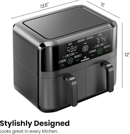 Chefman 6 Quart Dual Basket Air Fryer - Digital Touchscreen, Smart Sync Finish, Hi-Fry, Auto Shutoff, 2 Independent 3QT Nonstick Dishwasher-Safe Frying Baskets - Digital Double Air Fryer - Black