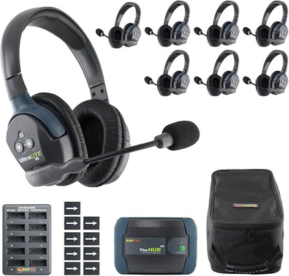 EARTEC HUB8D Ultralite-HD 8 Person Full Duplex Wireless Intercom Headset Communication System, Dual Ear Headsets, Up to 1000ft Range, U.S. Company