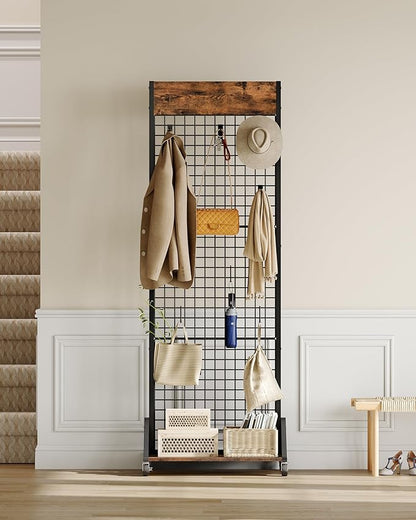 CHOEZON Grid Wall Panel, 2’ x 5.7’ Ft Floor Standing Gridwall Display Rack, Retail Display Stand, with 4 S-Shaped Hooks and 4 Garment Hooks for Entryway Kitchen Outdoor, Rustic Brown and Black TCJ27BF