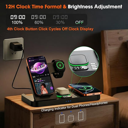 Dual Phone Magnetic Wireless Charging Station for Apple Devices/Apple Ecosystem,with Auto-Switch 7-Color Light & Clock, Compatible with iPhone 17/16/15, for iWatch 11/10/9 & AirPods Pro3（Black