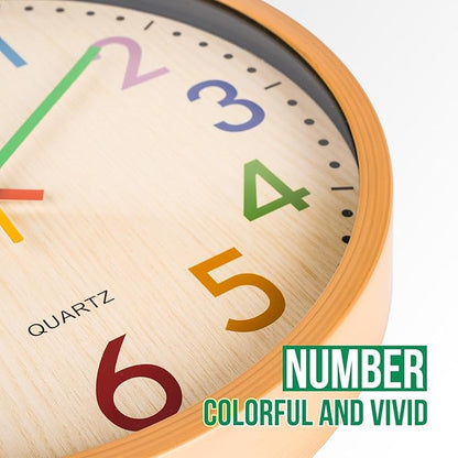 bakbrand Kids Wall Clock Silent Non-Ticking Colorful Childrens Clock Round Decorative Wall Clocks for Classroom, School, Office, Bedroom, Living Room, Kitchen (Bamboo Grain, 12 inch)