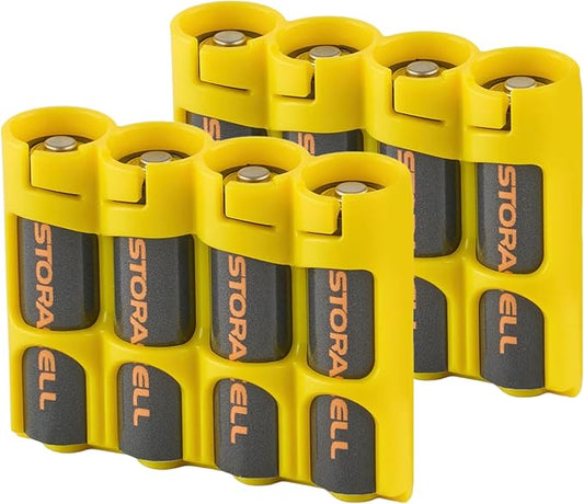 AA Battery Storage Caddy by Storacell (2 Pack), Yellow, Holds 4 Batteries (Not Included)