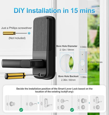 Aceele Keyless Entry Fingerprint Smart Door Lock, Built-in Wi-Fi, Electronic Lock for Front Door with Touch Digital Keypad and Handle, Automatic Door Knob for Apartment/Home/Bedroom(Black)