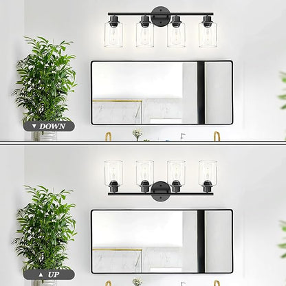Guliaofo 4-Light Black Bathroom Light Fixtures, E26 Modern Vanity Lights for Bathroom with Clear Glass Shade, Wall Lamps for Mirror Hallway Kitchen Cabinet Living Room Sconces Lights