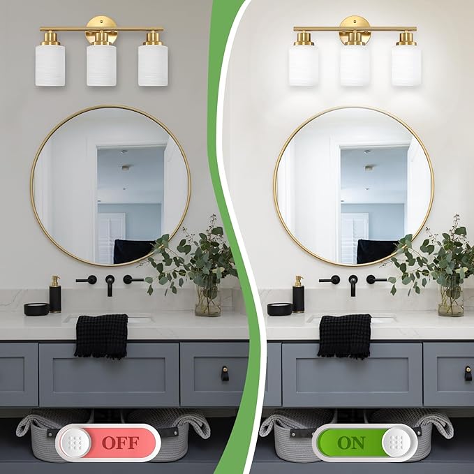 Guliaofo 3-Light Bathroom Light Fixtures, Vanity Lights for Mirror with Textured Milky White Glass Shade, Modern Kitchen Light Fixtures Wall Sconce Light - E26 Base - Brushed Gold
