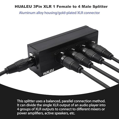 HUALEU 3Pin XLR 1 Female to 4 Male Splitter,4Way XLR Single Input to Four Output Parallel Connection Adapter,One Input to 4 Output Audio DMX Adapter