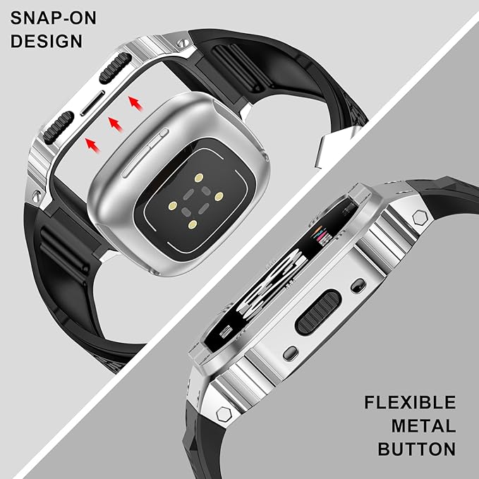 MioHHR Stainless Steel Case and Band Compatible with Fitbit Versa 4/3/2/Lite/Sense/Sense 2 Bands with Metal Case, Rugged Sports Protector Cover Silicone Wristbands for Men, Silver