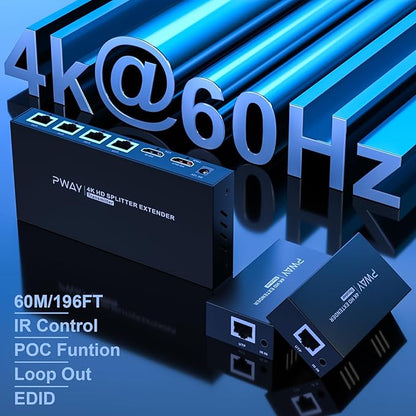 HDMI Extender Splitter 1x4 HD 4K @60Hz Over CAT5/CAT6/CAT7 Ethernet Cable–Up to 196ft-Loop Out-Equipped with IR POC and EDID
