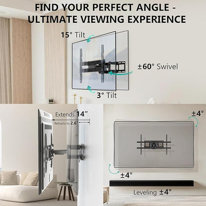 WALI Full Motion TV Wall Mount for 32–70 Inch TVs – Dual Articulating Mount with Swivel, Tilt & Extension | VESA up to 400x400mm | Fits 12/16" Wood Studs | Holds Up to 88 lbs