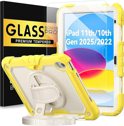 BLOSOMEET Case for iPad A16 11th/10th Generation 11''/10.9'' 2025 2022 with Tempered Glass Screen Protector, Rugged Cute Girls Boys Cover with Stand Hand Shoulder Strap, Fashion Yellow